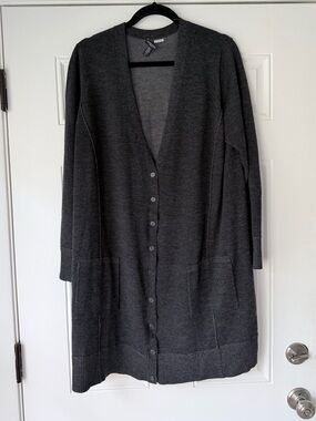 Eileen Fisher size 1X long charcoal grey cardigan sweater 100% merino wool